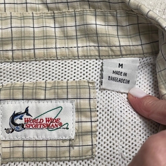 WORLD WIDE SPORTSMAN Mens Long Sleeve Fishing Shirt Plaid Vented Tan/Green M - Picture 2 of 6